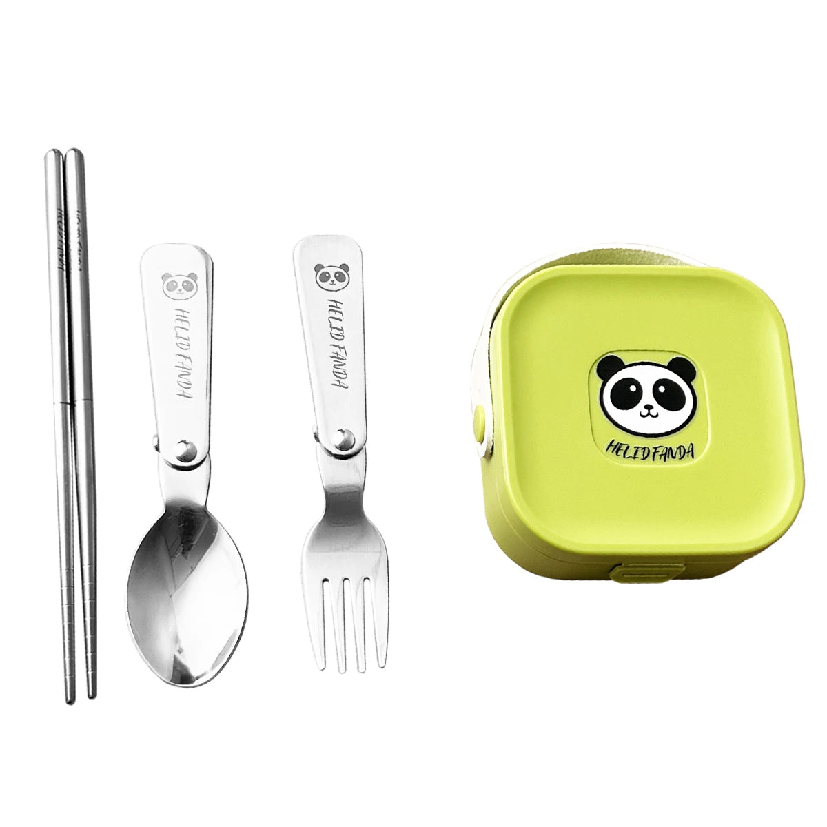 A green kawaii utensils set with steel on a white background