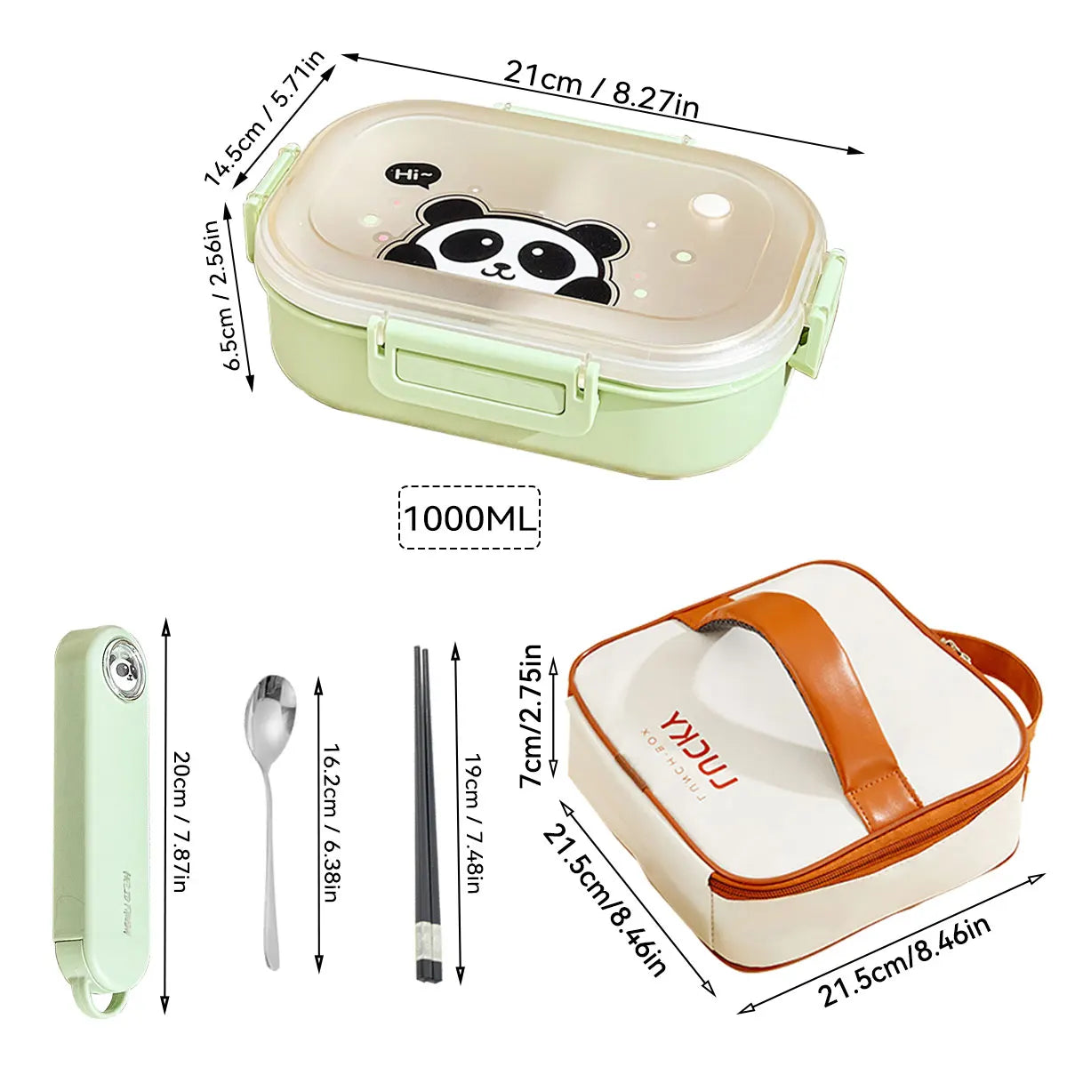 Lunch box with kawaii panda design, dimensions, and accessories on a white background