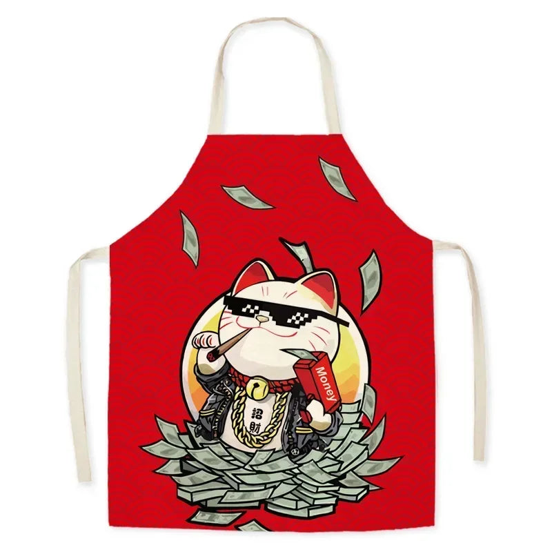 Red kawaii apron with a cartoon cat design on a white background