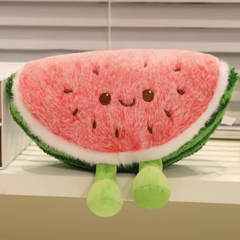 Kawaii plush toy shaped like a watermelon slice with a smiling face on a neutral background