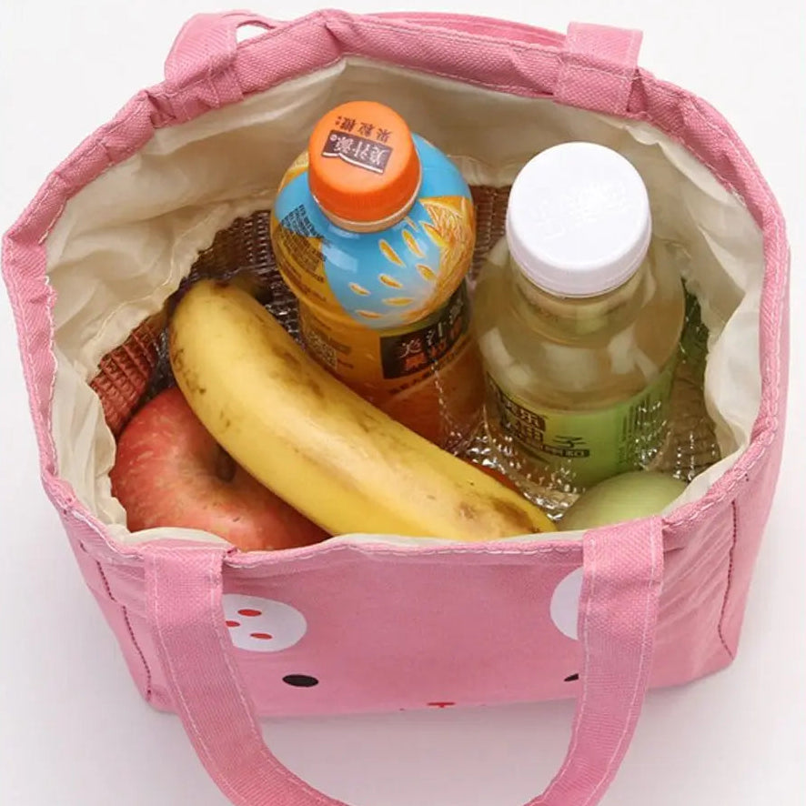 Pink high-capacity kawaii bag with fruits and drinks on a white background