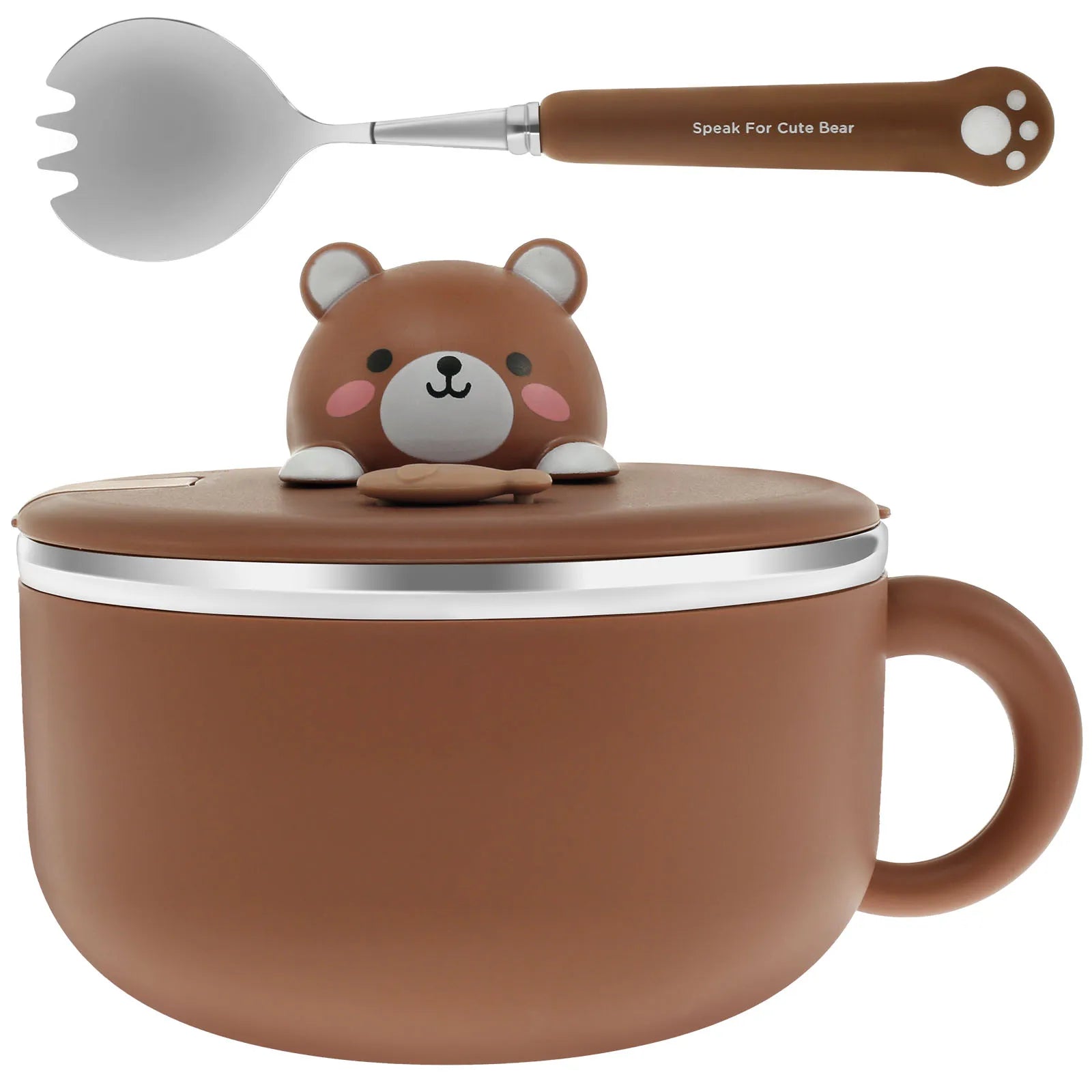 A brown, bear themed kawaii ramen bowl with spoon