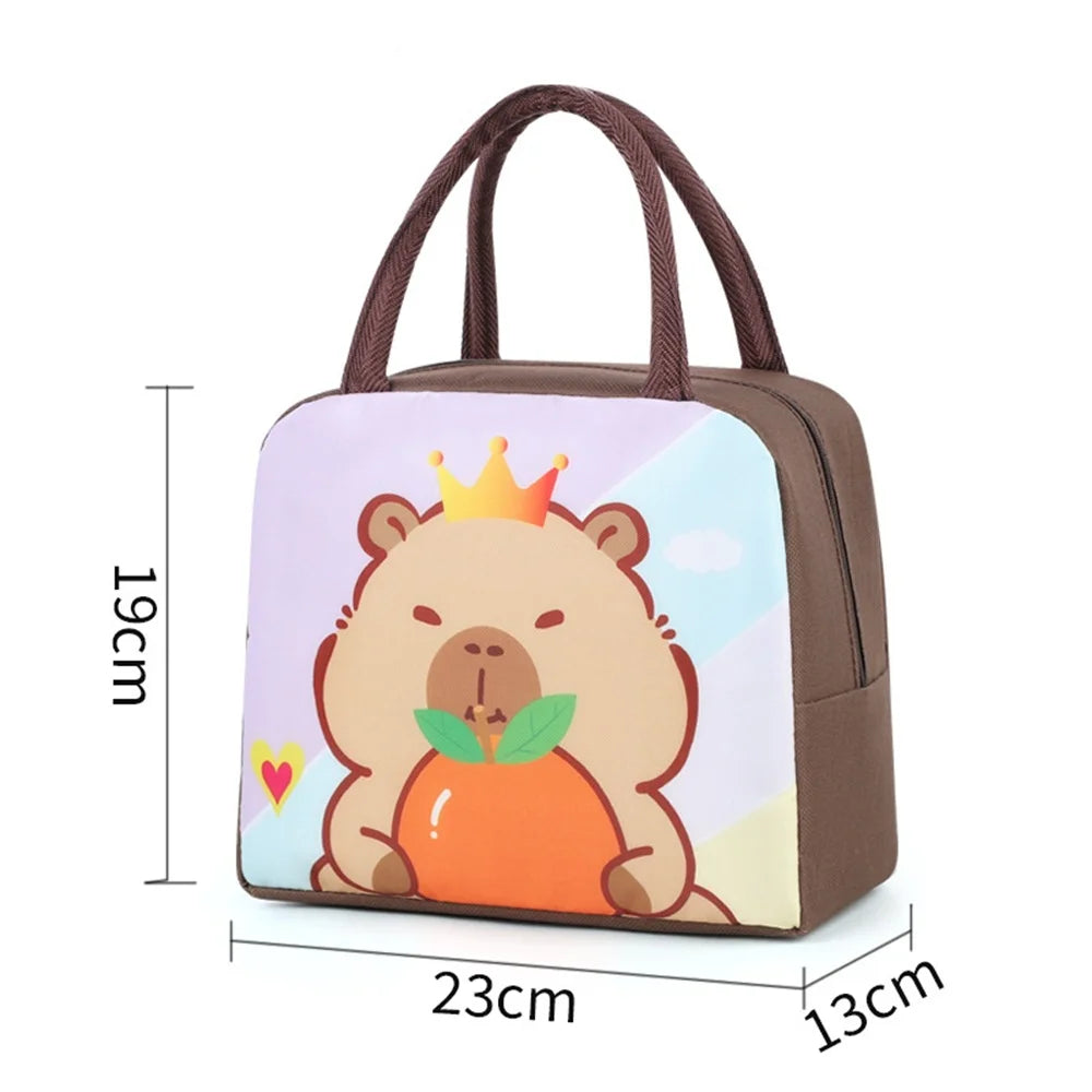 Children's kawaii lunch bag with cartoon bear design and measurements on a white background