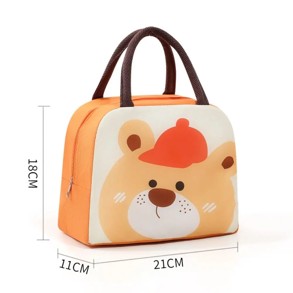 Children's kawaii lunch bag with bear design and measurements on a white background
