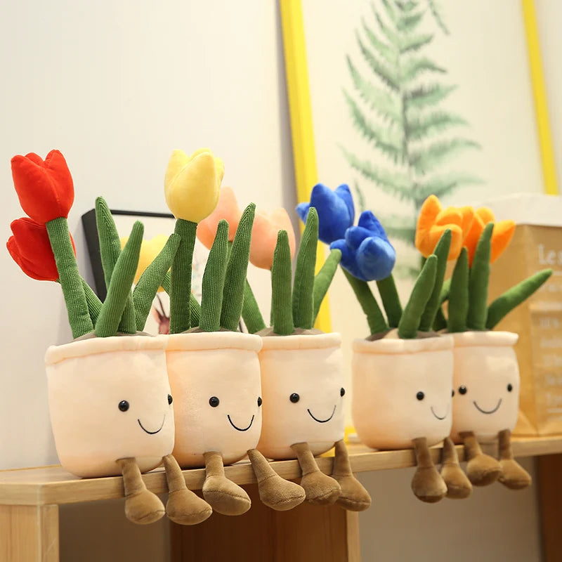 Set of colorful tulip-shaped plush kawaii toys in decorative pots with smiling faces on a shelf.