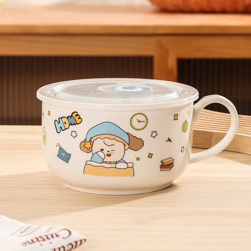 Ceramic kawaii ramen bowl with cartoon design on a wooden surface