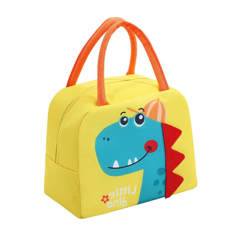 Yellow kawaii bag with a dinosaur design and orange handles on a white background