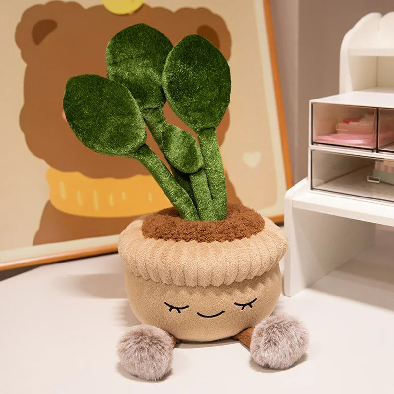 Plush kawaii toy plant with a face on a white surface