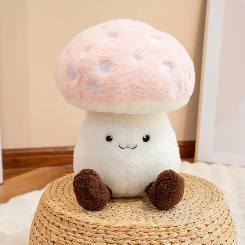 Kawaii plush mushroom toy sitting on a woven stool with a neutral background