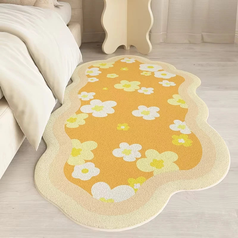 Floral patterned kawaii rug on a wooden floor in a room setting