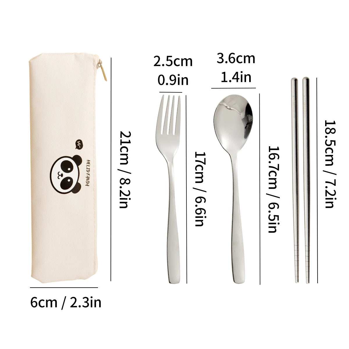 Measurement chart of kawaii utensils set with panda logo, including a fork, spoon, and chopsticks in a pouch.