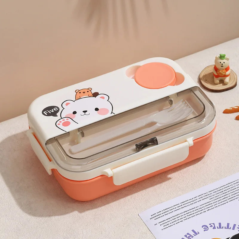 Children's kawaii lunch box with cartoon design on a light surface