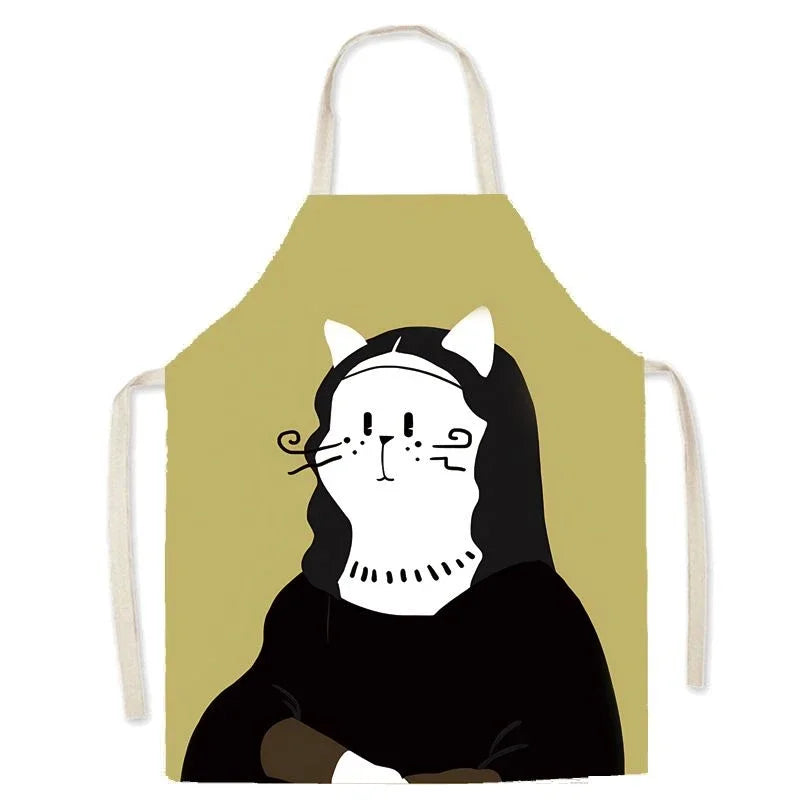 Kawaii apron with a cartoon cat design on a green background