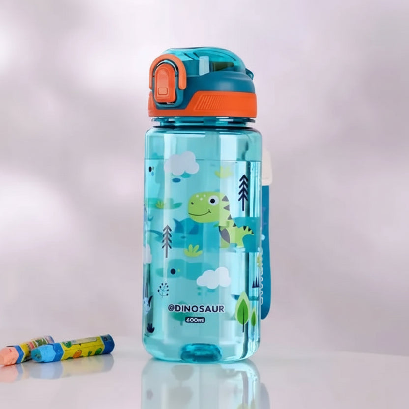 Children's kawaii water bottle with dinosaur design on a light gray background