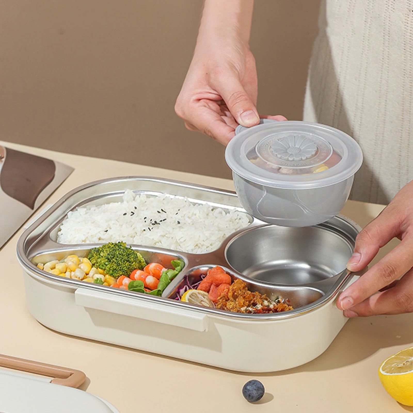 Person opening a kawaii bento box with compartments of food on a beige surface.