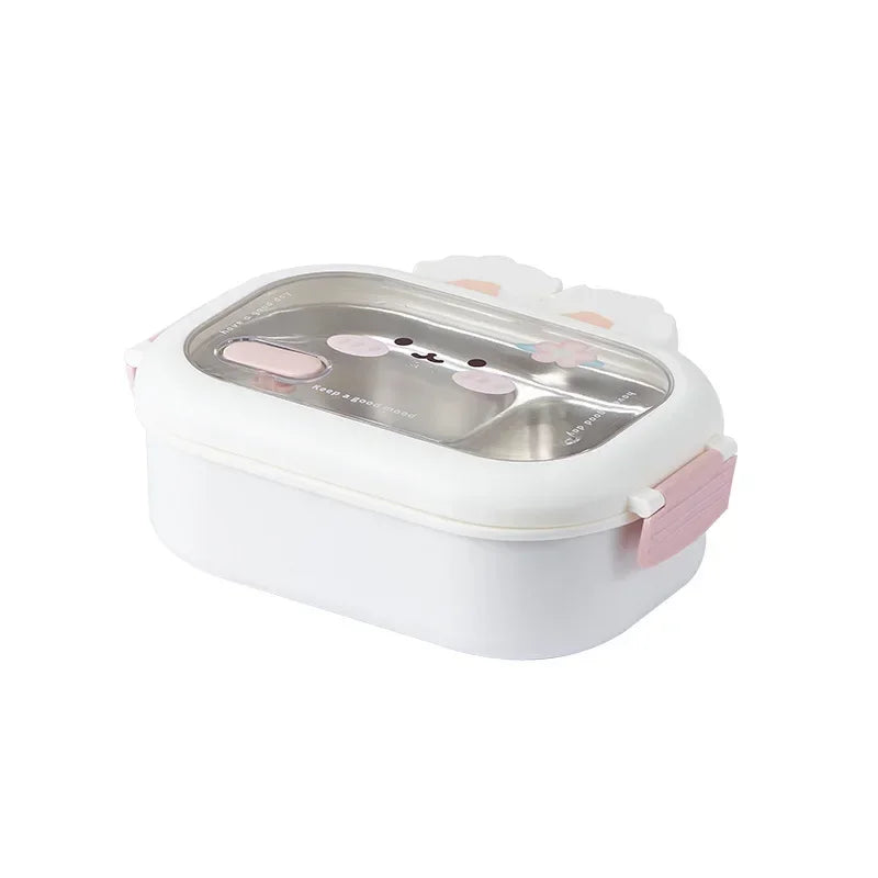 White and pink kawaii food container with a metallic interior on a white background
