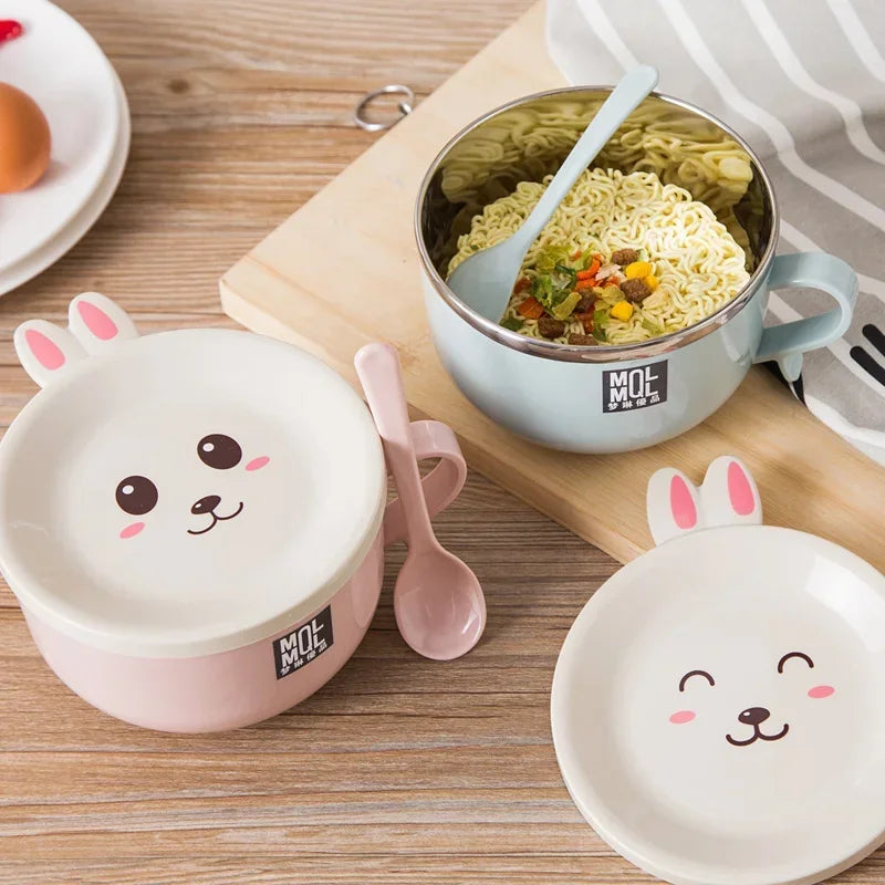 A set of pink and green bear themed kawaii ramen bowls