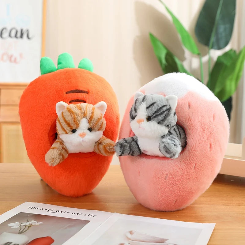 Two kawaii plush toys shaped like a carrot and a peach on a wooden surface with a plant in the background.