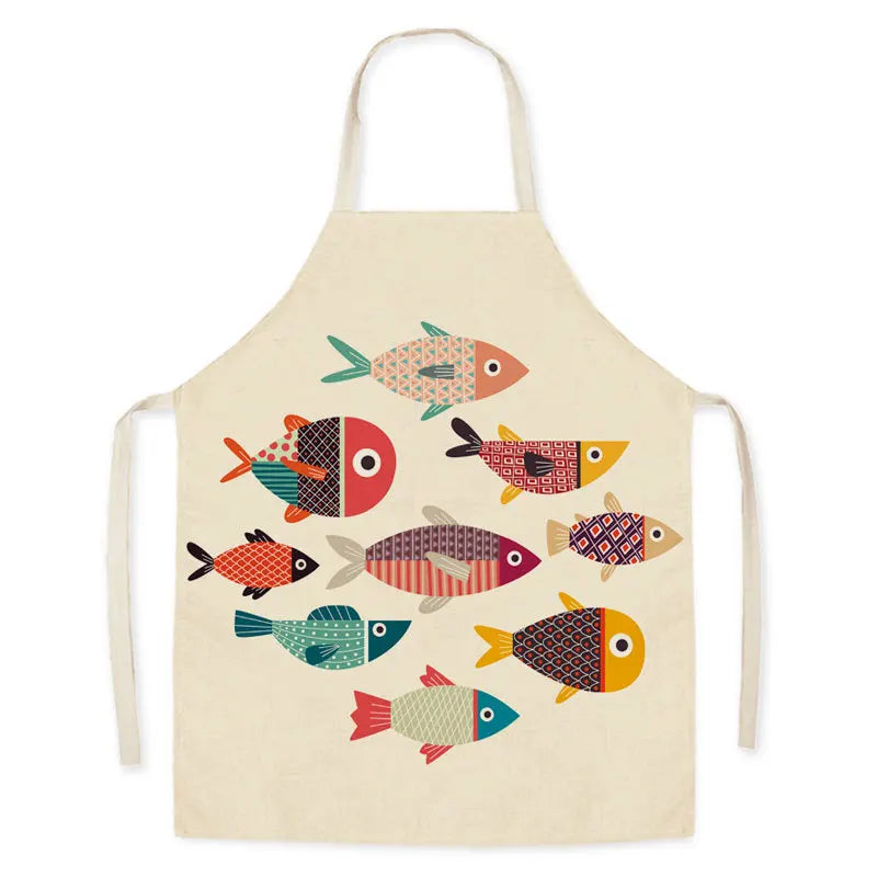 Beige kawaii apron with colorful fish pattern on a white background