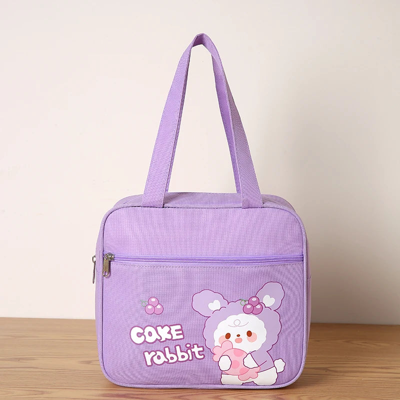 Purple kawaii bag with 'Cake Rabbit' design on a wooden surface and beige background