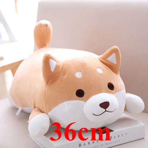 Plush dog kawaii toy with a measurement label on a white surface