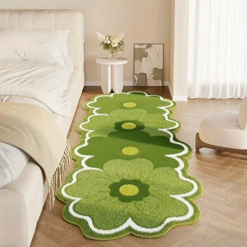 Green floral kawaii rug on a wooden floor in a bedroom setting