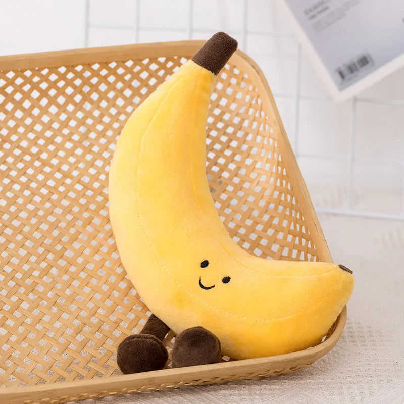 Plush banana kawaii toy with a smiling face on a woven basket