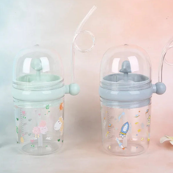 Two kawaii bottles with colorful designs on a gradient background