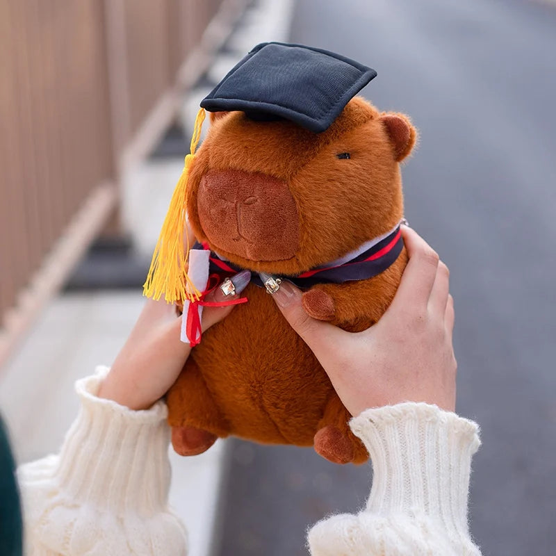 Capybara plush toy wearing a graduation cap and gown, held by a person in a blurred outdoor setting.