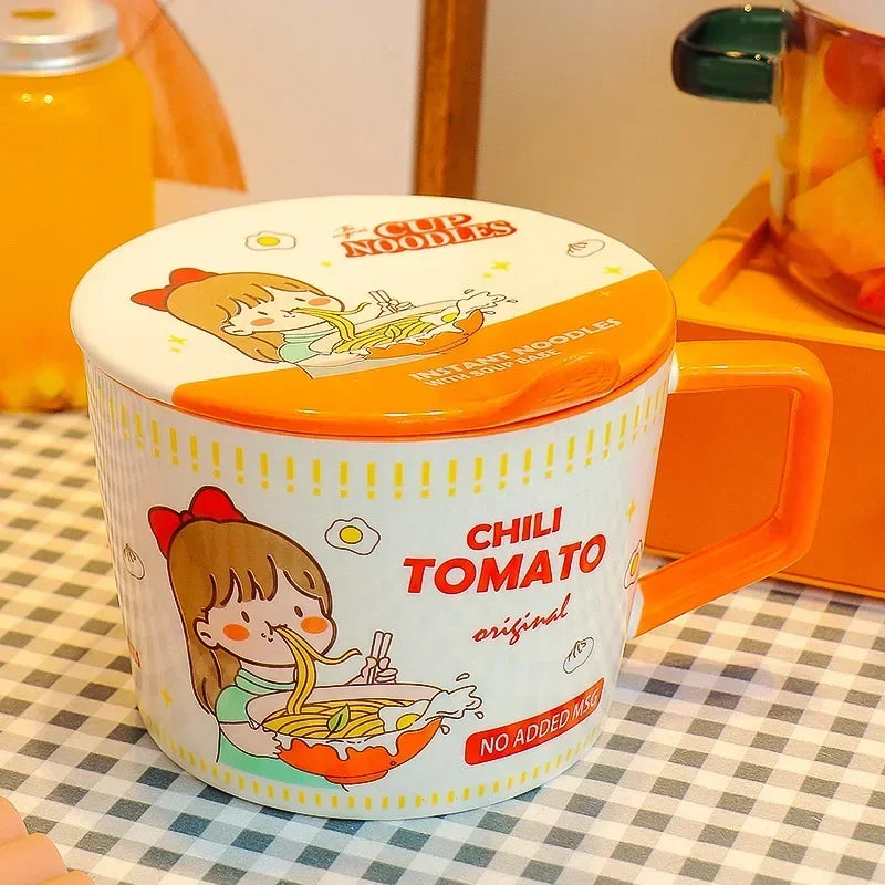 A cartoon designed white and orange kawaii ramen bowl