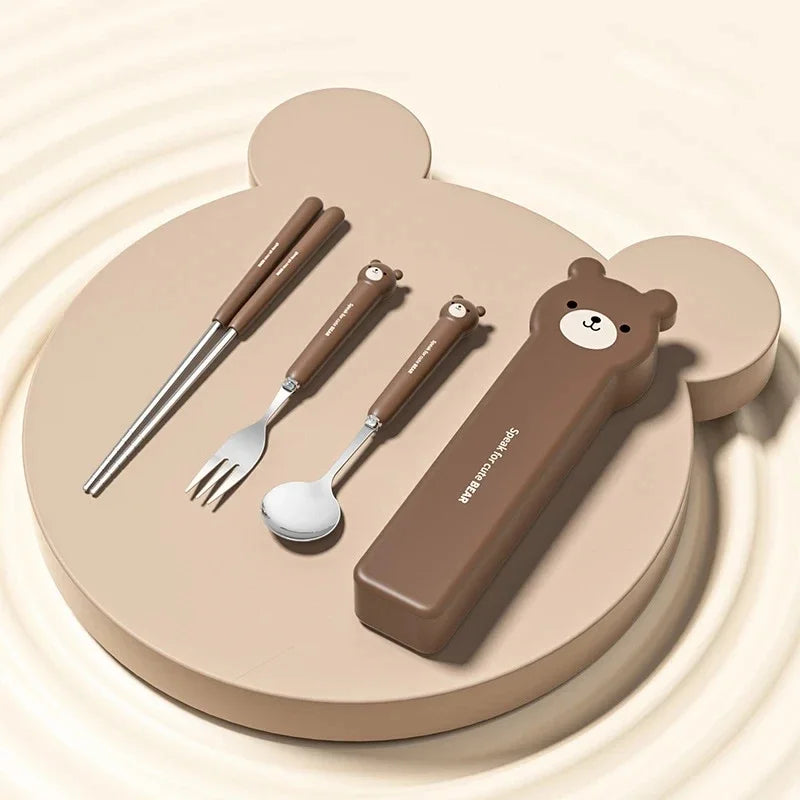 Cute bear-themed children's kawaii utensils set with a case on a beige background
