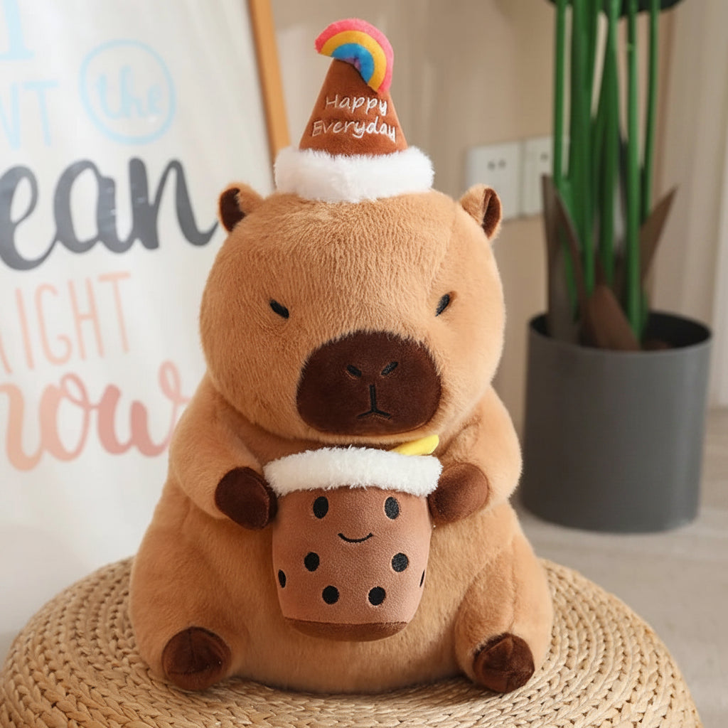 Capybara plush toy with a cup and hat on a woven surface
