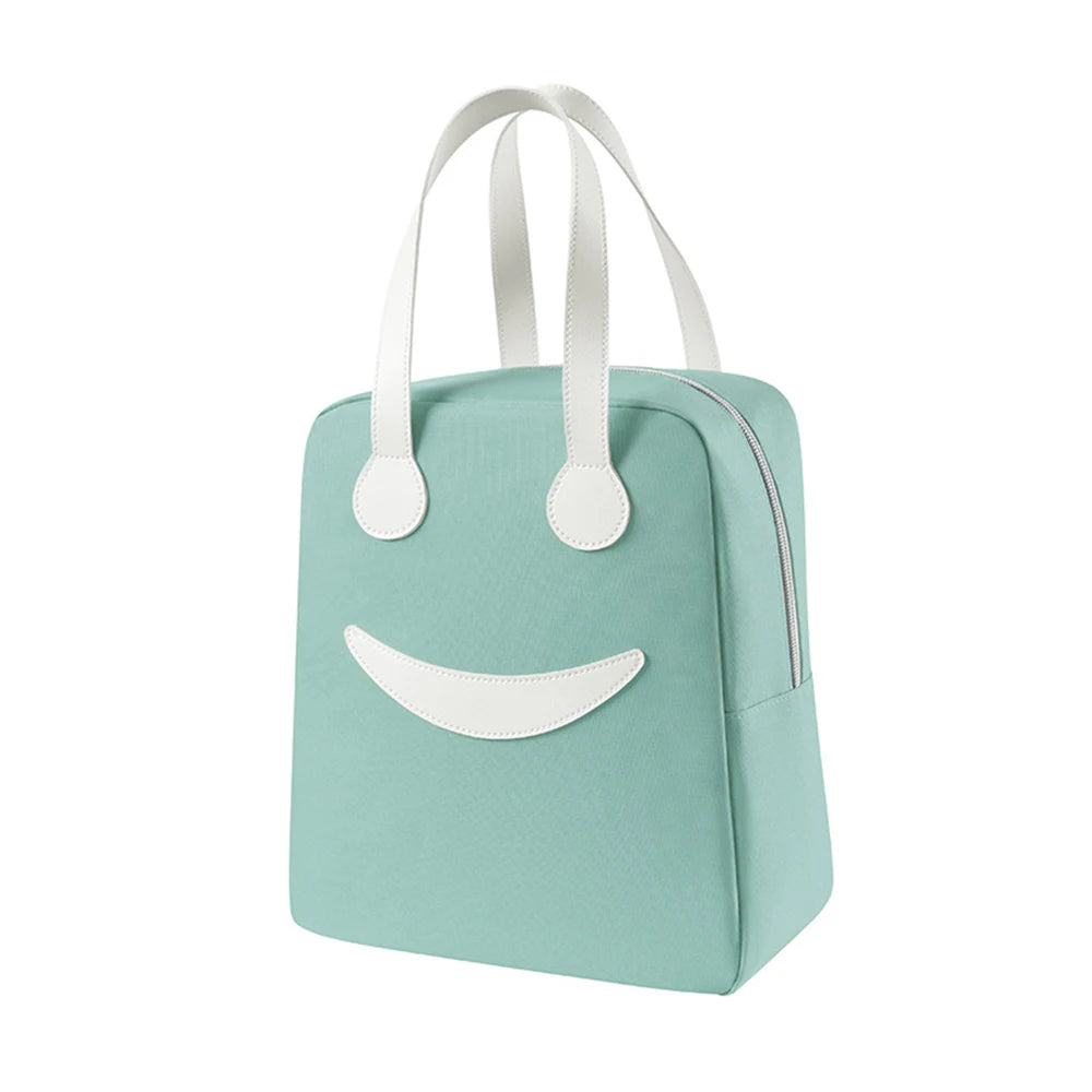 Light blue kawaii bag with a smiley face design on a white background