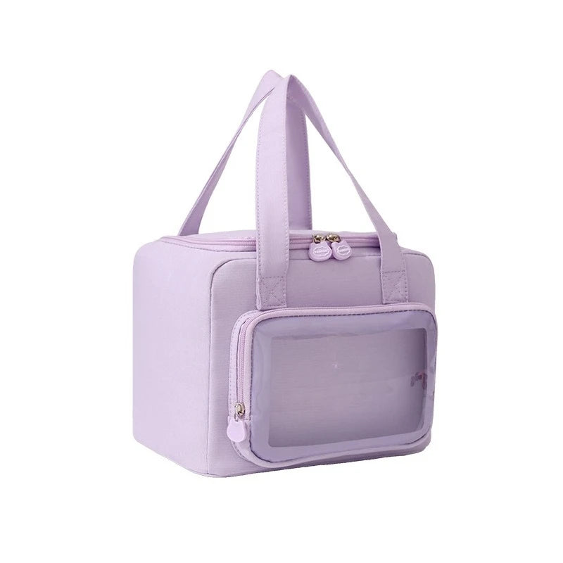 Purple kawaii pet carrier with transparent front panel on a white background