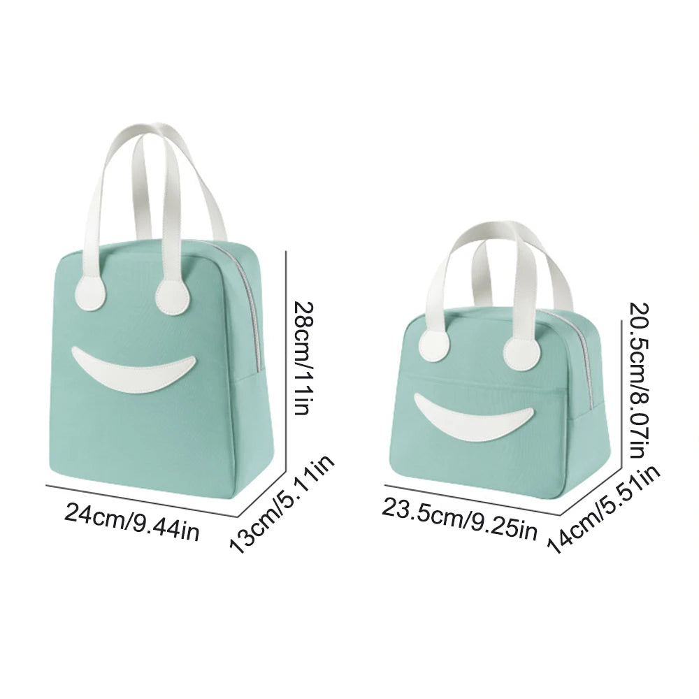 Two light blue kawaii bags with white handles and smiley face designs, shown with measurements on a white background.