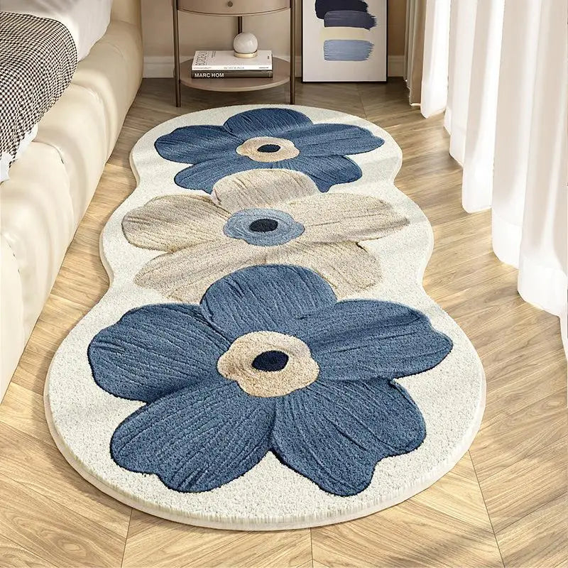 Floral-patterned kawaii rug on a wooden floor in a room setting