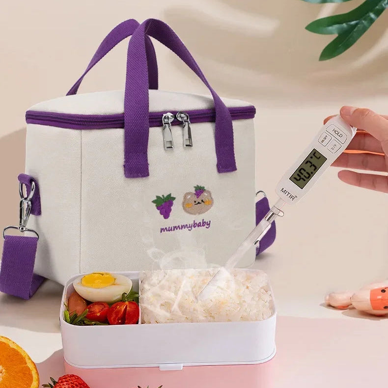 Purple insulated kawaii lunch bag with a digital thermometer on a light background