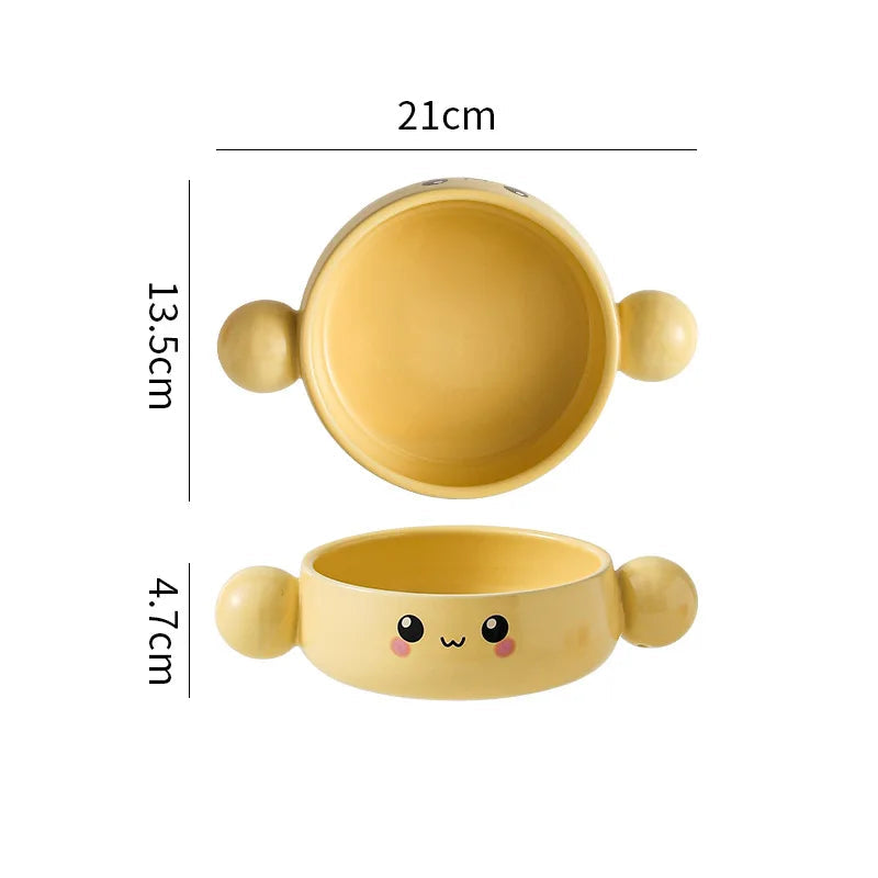 Yellow ceramic kawaii ramen bowl with handles and measurements on a white background