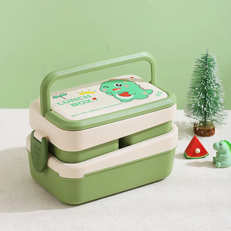 Green and beige kawaii lunch box with dinosaur design on a light green background