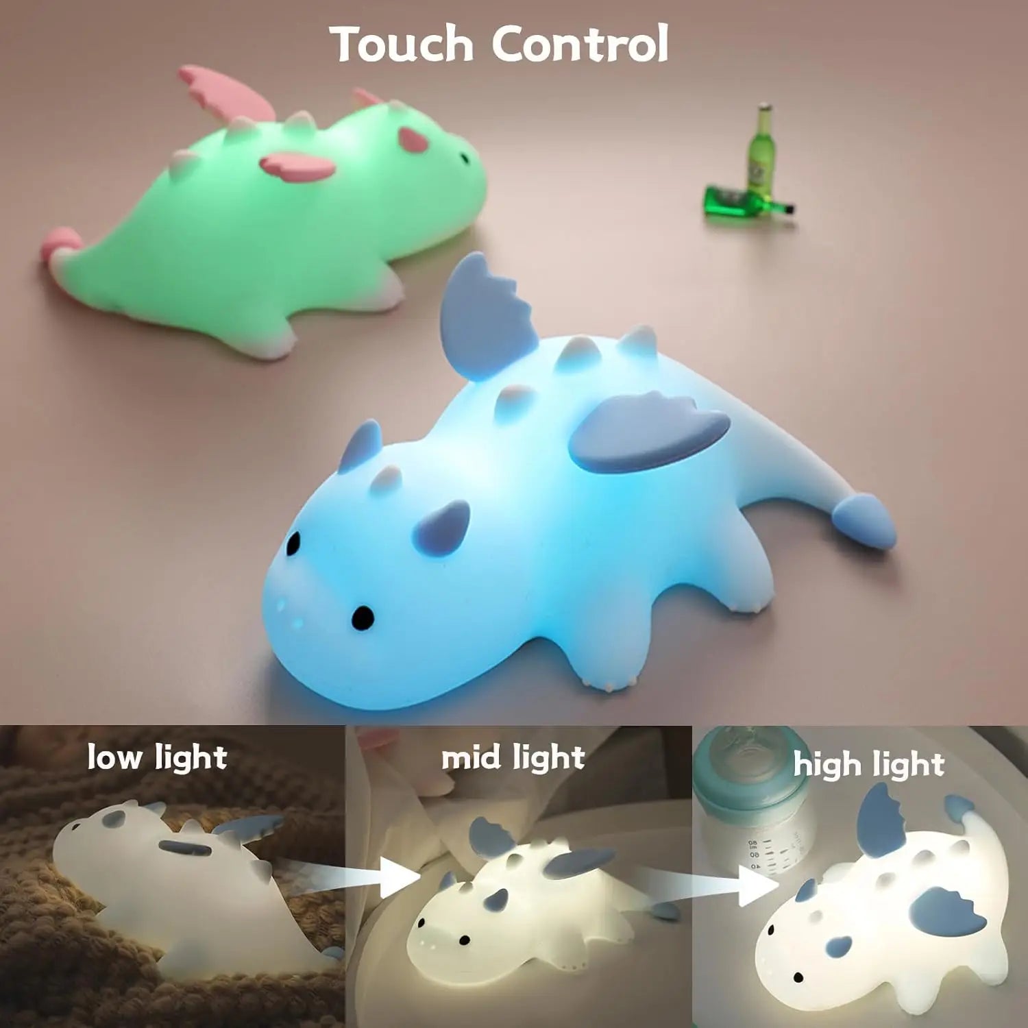 Dinosaur-shaped kawaii night light with touch control feature on a soft surface.