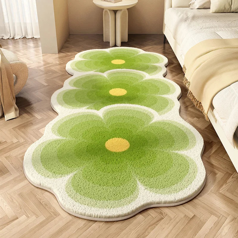 Green flower-shaped kawaii rug on a wooden floor in a room with furniture.