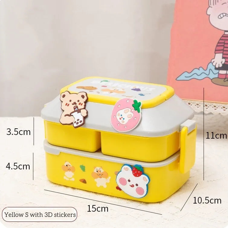 Yellow kawaii bento box with cartoon characters and measurements on a light background