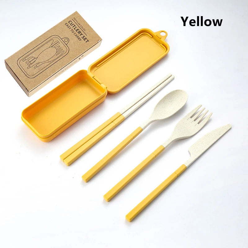 Yellow kawaii utensils set with box on a white background