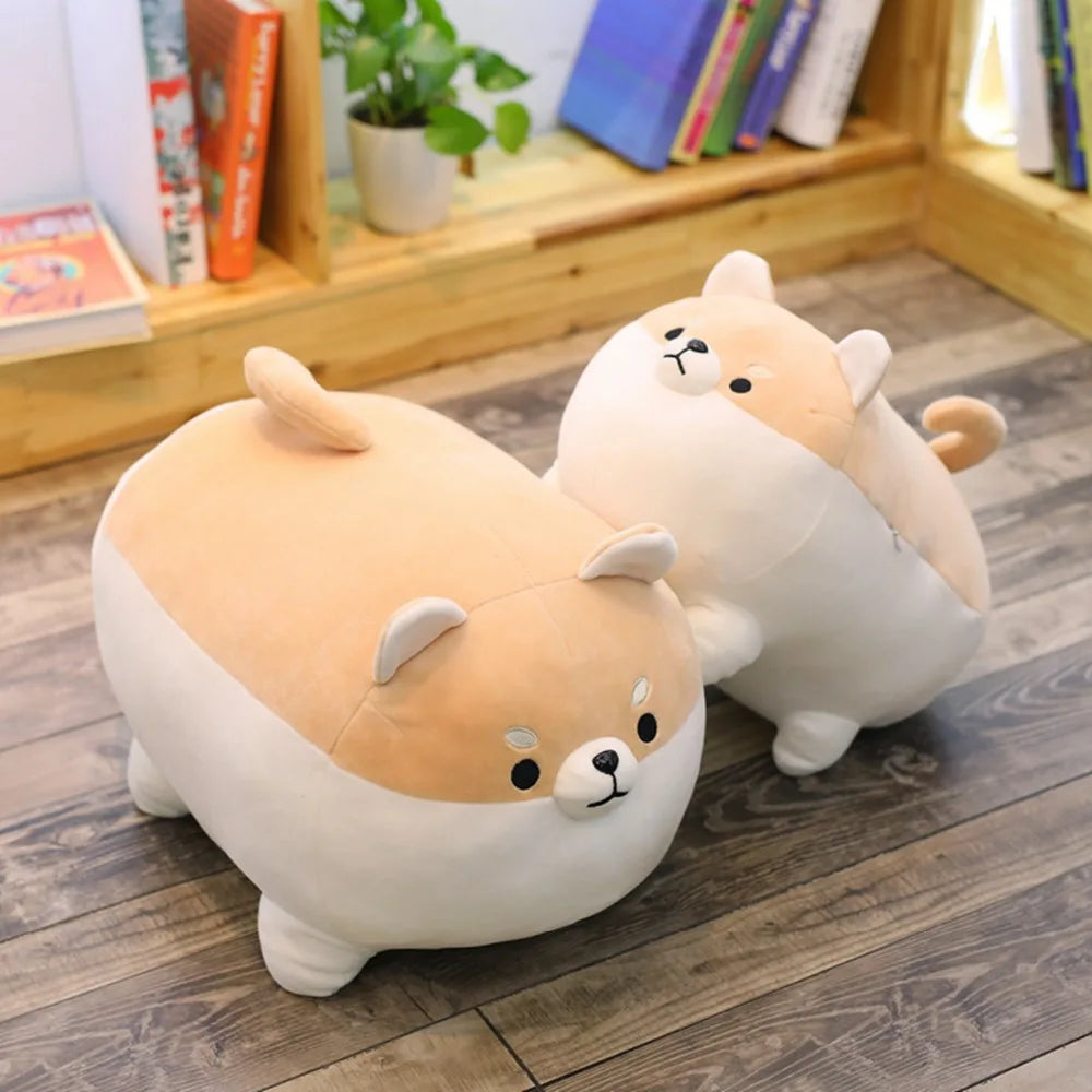 Two cute plush kawaii toys on a wooden floor with a bookshelf in the background.