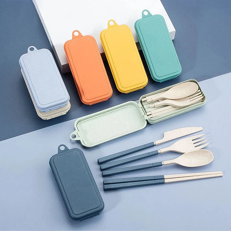 Set of colorful travel kawaii utensils cases with included cutlery on a blue and gray background