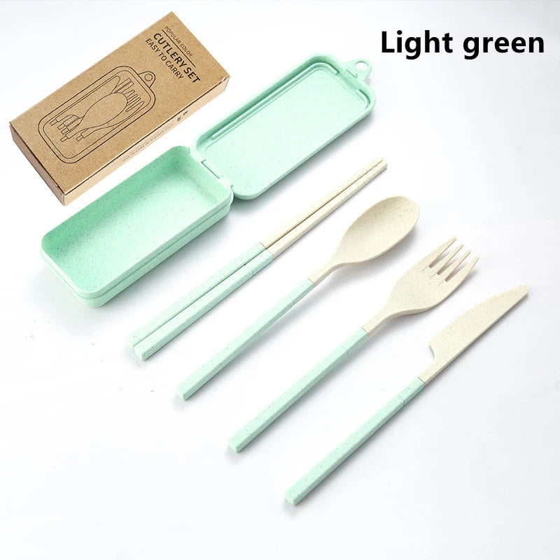 Light green kawaii utensils set with box on a white background