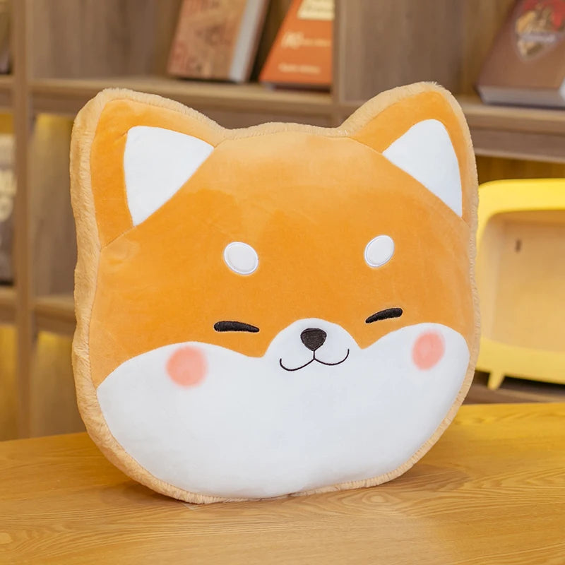 Kawaii plush toy shaped like a dog's face on a wooden surface with a bookshelf in the background