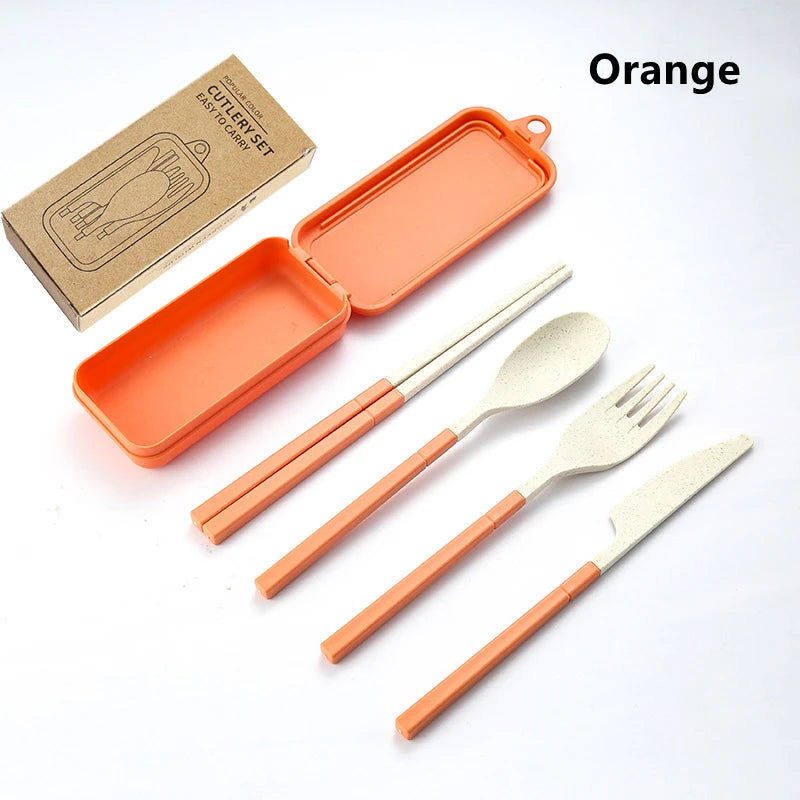Orange kawaii utensils set with storage case on a white background
