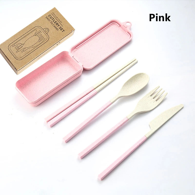 Pink kawaii utensils set with case on a white background