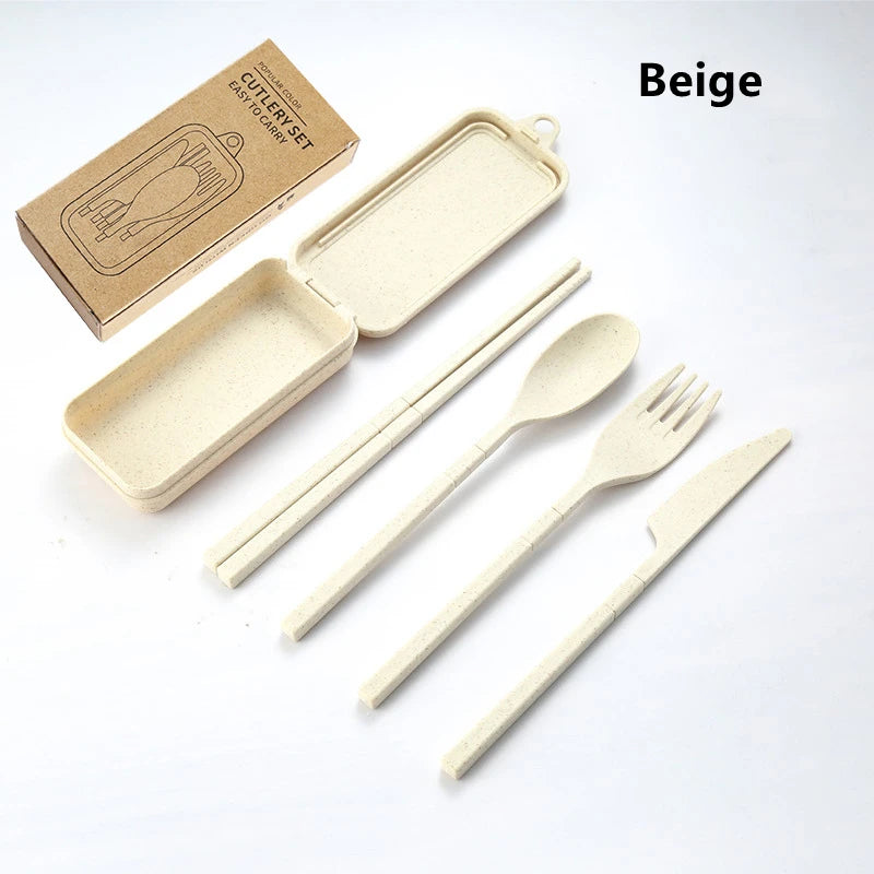 Beige wooden kawaii utensils set with box on a white background